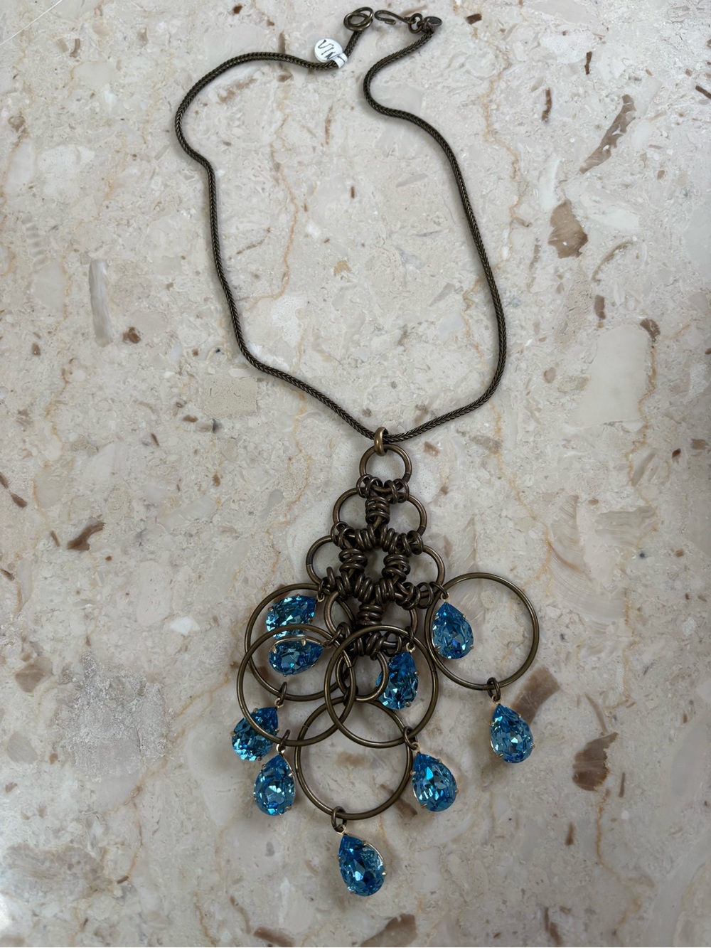 Antique Bronze-Tone Necklace with Blue Teardrop Crystals - Women Jewelry